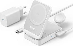 Anker MagGo 3-in-1 Ladestation, Qi2 zertifizierter 15W kabelloser Ladeständer, MagSafe kompatibel, Apple Watch Ladegerät, Für iPhone 16/15/14, AirPods, Apple Watch 9 (Mit 40W USB-C Netzteil)