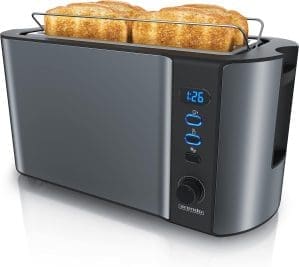 Arendo - Edelstahl Toaster Langschlitz 4 Scheiben, Defrost, wärmeisolierendes Gehäuse, mit integriertem Brötchenaufsatz, 1500W, Krümelschublade, Display, Cool Grey