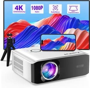 (Autofokus/Trapezkorrektur) Beamer 4K unterstützt, XuanPad Nativer 1080P 6G WiFi Bluetooth Beamer, 26000L Outdoor/Heimkino Video Projektor mit Stativ für iOS/Andriod/TV Stick