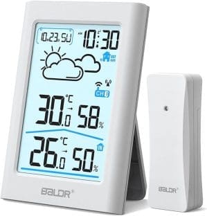 BALDR Wetterstation Funk mit Außensensor, Digital DCF-Funkuhr Thermometer Innen/Außen Temperaturanzeige, Raumthermometer, Hygrometer, Wettervorhersage, Uhrzeitanzeige, Wecker, 3,7 Zoll Display, Creme