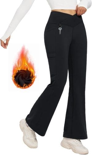 BALEAF Thermo Hose Damen Thermo Leggings mit Taschen Wanderhose Wasserabweisend Bootcut Leggings Schlaghose Warme Winterhose XS-2XL