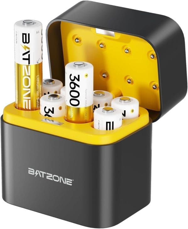 BATZONE ladbare Lithium-Akkus AA 8-Pack mit Ladegerät, 3600 mWh hohe Kapazität 1,5 V AA-Batterien, lang anhaltend wiederaufladbare AA Li-Ion-Batterie mit integrierter Ladebox