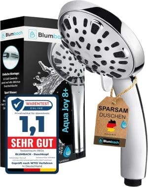 BLUMBACH® Duschkopf wassersparend - Hochdruck Duschkopf Aqua Joy - 8 Strahlarten, Duschbrause druckerhöhend, Brausekopf, Shower Head, wassersparender Sparduschkopf, hoher Wasserdruck stärkerer Strahl