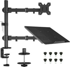 BONTEC Monitor Halterung mit Laptop Arm für 13-32 Zoll LCD LED Bildschirm bis zu 15,6“ Notebook, Neigbare, Drehbare, Monitor Laptop Halterung Schreibtisch mit Klammer, VESA 75x75-100x100mm