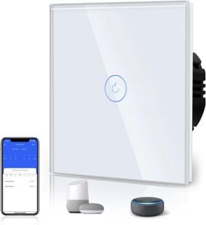 BSEED-Smart-WiFi-Berührungssensorschalter (Neutrale Leitung benötigt) Alexa und Google Home Work mit Tuya Für Bürodekoration Kristall Glas Platte-Wandlichtschalter 1 Fach 1 Wag Weiß