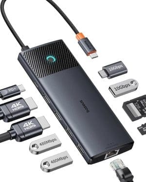 Baseus 10-in-1 Dockingstation USB C 10 Gbit/s bis zu 4K@120 Hz, USB C Hub mit 2 HDMI, 2X USB-C und 3X USB-A, Gigabit Ethernet, SD/TF und 100W Power Delivery für MacBook/Dell /HP/Lenovo und mehr PC