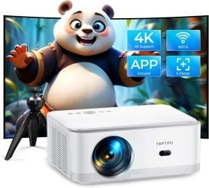 Beamer【Android TV】 25000Lumen, Beamer Native 1080P HD Unterstützung 4K, WIFI6 Bluetooth【Elektrischer Fokus & Auto Trapezkorrektur】 Android Beamer 4K Heimkino für iPhone/Android/Tablet mit Stativ