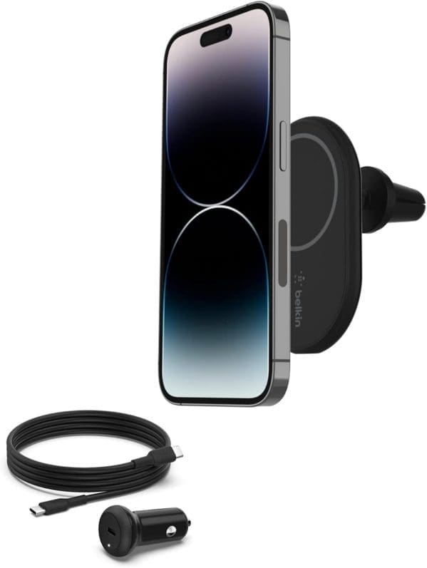 Belkin BoostCharge drahtloser magnetischer Kfz-Telefon-Halter, Kfz-Ladegerät kompatibel mit MagSafe-fähigem iPhone 16, iPhone 15, iPhone 14, iPhone 13, iPhone 12 (inkl. Kabel und Ladegerät)