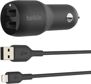 Belkin USB-Autoladegerät mit 2 Anschlüssen, 24-W-Lightning-Kabel (Boost Charge-Autoladegerät, USB-Autoladegerät) iPhone 14/14 Plus, Pro, Pro Max, 13, 12, 11 und älter, iPad, AirPods-Autoladegerät