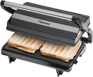 Bestron elektrischer Kontaktgrill mit Auffangschale, Sandwichmaker mit Cool-Touch-Handgriff, Paninimaker mit Antihaftbeschichtung, 700 Watt, APM123Z, Farbe: Schwarz, 22,5 x 14 cm