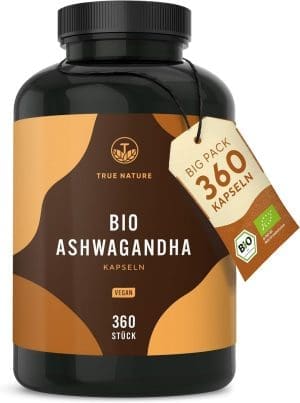 Bio Ashwagandha - 360 Kapseln (BIG PACK) - Hochdosierte 2600mg pro Tag (90 Tage) - 650mg pro Kapsel - indische Bio Schlafbeeren - Vegan, Deutsche Produktion - TRUE NATURE