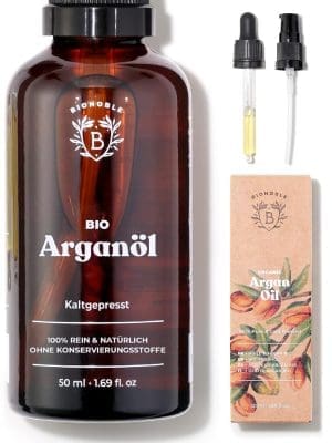 Bionoble Arganöl Bio 50ml – 100% Rein, Natürlich, Kaltgepresst – Gesicht, Körper, Haar, Bart, Nägel – Vegan und Cruelty Free – Arganöl – Glasflasche + Pipette + Pumpe