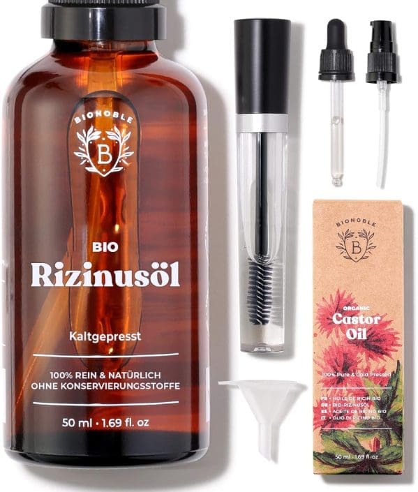 Bionoble Rizinusöl Bio 50 ml – 100 % rein, natürlich, kaltgepresst – Wimpern, Augenbrauen, Haare, Nägel – vegan, tierversuchsfrei – Rizinusöl – Glasflasche + Pipette + Pumpe + Mascara-Set