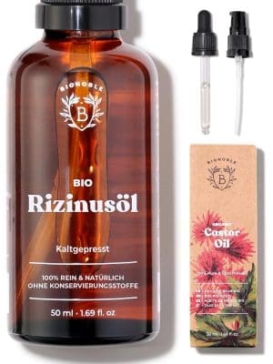 Bionoble Rizinusöl Bio 50ml - 100% Rein, Natürlich, Kaltgepresst - Wimpern, Augenbrauen, Haare, Bart, Nägel - Vegan und Cruelty Free - Rizinusöl - Glasflasche + Pipette + Pumpe