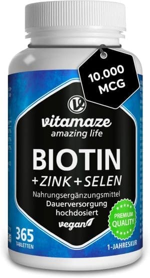 Biotin hochdosiert 10.000 mcg + Selen + Zink für Haarwuchs, Haut & Nägel, 365 vegane Tabletten für 1 Jahr, Nahrungsergänzung ohne Zusatzstoffe, Made in Germany