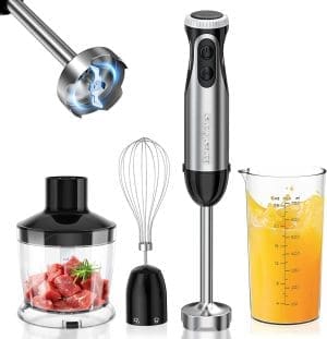 Bonsenkitchen Pürierstab, 4-en-1 Stabmixer Elektrischer, 1000W Stufenlos Geschwindigkeiten, Edelstahl, Schneebesen, 500ml Häcksler und 700ml Messbecher für Babynahrung, HB3203 (Schwarz)