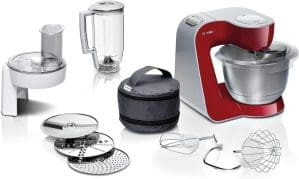 Bosch Küchenmaschine Serie 4 MUM58720,Edelstahl-Schüssel 3,9 L, Mixer 1,25 L, Planetenrührwerk,Knethaken,Schlag,Rührbesen, Durchlaufschnitzler, 3 Scheiben, 1000 W, Dunkelrot/Silber