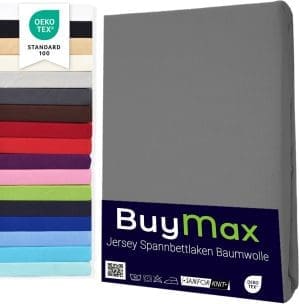 Buymax® Spannbettlaken 180x200cm Baumwolle 100% Spannbetttuch Bettlaken Jersey, Matratzenhöhe bis 25 cm, Farbe Anthrazit-Grau