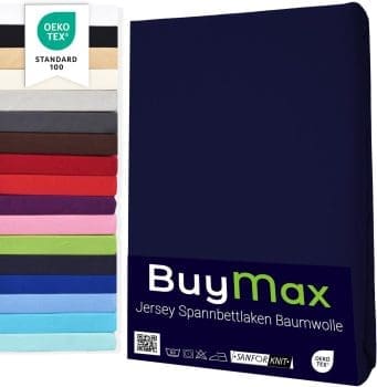 Buymax® Topper Spannbettlaken 120x200 cm Spannbetttuch 100% Baumwolle Jersey für Matratzentopper bis 12 cm Matratzenhöhe Bettlaken für Boxspringbett Topper, Blau Marineblau