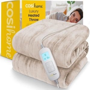 Cosi Home Heizdecke 180x130 cm - Elektrische Wärmedecke mit Abschaltautomatik, Überhitzungsschutz, Waschbar, Kuscheliges Fleece, 10 Heizstufen mit digitaler Fernbedienung, 10 Stunden Timer - Creme