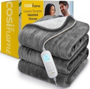 Cosi Home Heizdecke 200 x 150 cm – Elektrische Wärmedecke mit Abschaltautomatik, Überhitzungsschutz, Waschbar, Kuscheliges Sherpa & Fleece, 10 Heizstufen mit digitaler Fernbedienung – Grau