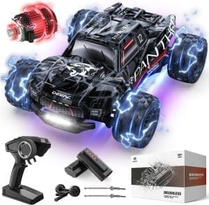 DEERC Ferngesteuertes Auto 1:14 Bürstenloser Motor 75 km/h 4WD RC Monstertruck mit farbigem Licht, 2 Akku, 2,4-GHz All-Terrain Rennauto, Crawler Spielzeug Geschenk für Kinder