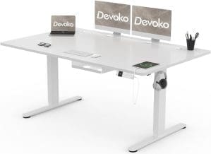 Devoko Höhenverstellbarer Schreibtisch 160x80cm mit USB-C Ladeanschluss, Mobiler elektrischer Computertisch mit Kabel Management Tray und 3-Funktions-Memory, Weiß