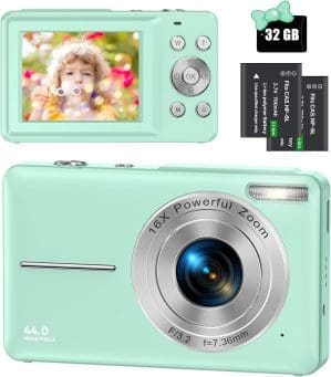 Digitalkamera 44MP 1080P FHD Fotokamera Kompaktkamera 16X Digitalzoom Fotoapparat mit 32GB Speicherkarte, Digitalkamera für Kinder, Teenager, Anfänger, Jungen, Mädchen(Grün)