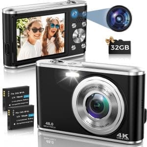 Digitalkamera, AutoFocus 4K Fotoapparat Digitalkamera mit Dual-Kamera mit 32GB Speicherkarte HD 48MP 16X Digitalzoom 2,8" großer Bildschirm Kompaktkamera Fotokamera für Einsteiger (Weiß)