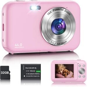 Digitalkamera, Fotokamera Kompaktkamera mit 32GB Karte, 1080P 44MP Kamera Fotokamera mit 16X Digitalzoom und 1 Batterien, 2,4” LCD Kamera für Kinder, Teenager, Anfänger (Rosa)