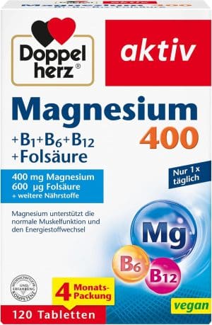 Doppelherz Magnesium 400 + B1 + B6 + B12 + Folsäure – Magnesium unterstützt die normale Muskelfunktion und den Energiestoffwechsel – 120 vegane Tabletten