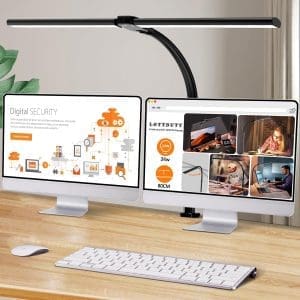 Doppelkopf-Schreibtischlampe LED dimmbar, 24 W 80 cm Schreibtischlampe, klemmbares Heimbüro, Tageslichtlampe Schreibtischlampe, Schwanenhals-Bürotischlampe schwarz, Augenschutz-Monitorlampe – 5 Farbmodi