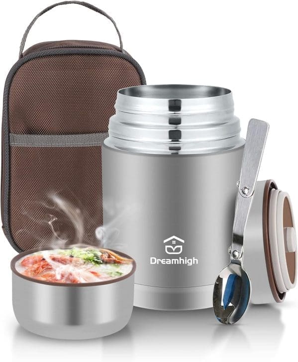 DreamHigh® Thermobehälter für Essen 800 ml, Edelstahl WarmhalteneHälter Speisegefäß für Essen, Thermoskanne Essen Auslaufschsicher, inkl. Löffel, 12 Stunden Heiß, 12 Stunden Kalt (Grau)