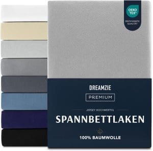 Dreamzie Premium Spannbettlaken 180x200 cm, Spannbetttuch für Dicke Matratzen bis zu 27 cm, Bettlaken 100% Jersey Baumwolle, 150 g/m², Oeko-TEX zertifiziert - Grau