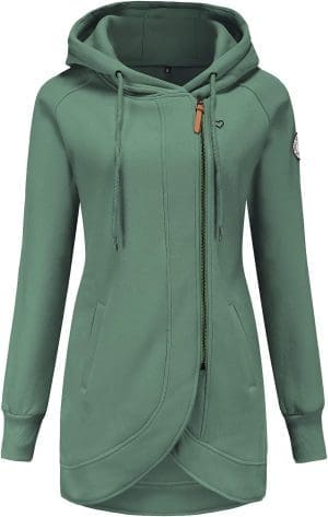 ELFIN Langer Damen Kapuzenpullover, Zip Hoodie, Herbst/Winter Pullover, Sweatjacke mit Reißverschluss