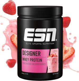 ESN Designer Whey Protein Pulver, Strawberry Cream, 908 g, bis zu 23 g Protein pro Portion, ideal zum Muskelaufbau und -erhalt, geprüfte Qualität – hergestellt in Deutschland