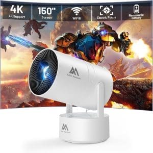 (Eingebauter Akku) Aubor Mentech Mini Beamer 4K Heimkino, Mini Projektor, Beamer WiFi6 und BT5.2 mit Android OS, Auto Trapezkorrektur, 180-Grad-Winkel, 150-Zoll-Display für Phone/PC/Xbox, HDMI