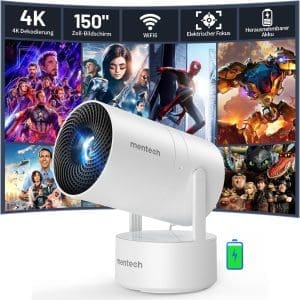 (Eingebauter Akku) Mentech X3 Mini Beamer 4K Heimkino, Mini Projektor, Beamer WiFi6 und BT5.2 mit Android OS, Auto Trapezkorrektur, 180-Grad-Winkel, 150-Zoll-Display für Phone/PC/Xbox, HDMI