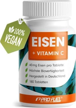 Eisentabletten 180x mit 40 mg Eisen + Vitamin C (40mg) aus Hagebutten - Tabletten VEGAN mit bioverfügbarem, hochdosiert aus -Bisglycinat - ohne unerwünschte Zusatzstoffe