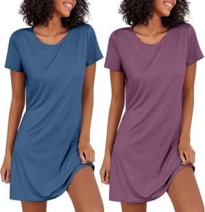 Ekouaer Nachthemd Damen Zweiteiliger Sleepshirt Kurzarm Nachtwäsche Schlafhemd Leicht Schlafshirt, 2er Pack, S-XXL