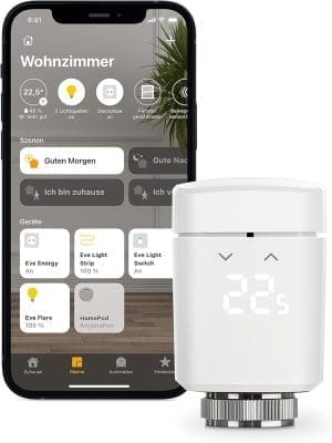 Eve Thermo (Apple Home) - Smartes Heizkörperthermostat, spart Heizkosten, moderne Heizungssteuerung (App/Zeitpläne/Anwesenheit), einfach installiert, für gängige Heizkörperventile, Bluetooth/Thread