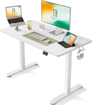 FEZIBO Schreibtisch Höhenverstellbar Elektrisch, 100 x 60 cm Computer Stehschreibtisch mit Memory-Steuerung und Anti-Kollisions Technologie, Mobiler Steh-Sitz-Schreibtisch Ergonomische weiße Oberfläche