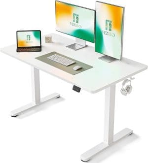 FEZIBO Schreibtisch Höhenverstellbar Elektrisch, 120 x 60 cm Computer Stehschreibtisch mit Memory-Steuerung und Anti-Kollisions Technologie, Mobiler Steh-Sitz-Schreibtisch Ergonomische weiße Oberfläche