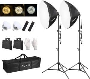 FGen Softbox Set Fotostudio，70cm Achteckiges Softbox LED Fotolicht mit 135W 3000-6500K, 2m Vollverstellbare Lichtstativ Foto licht für YouTube, Tiktok Videoaufnahmen, Studio Portraits, Fotografie