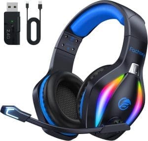 Fachixy「2024 New」FC100 Wireless Gaming Headset - 2,4 GHz & Bluetooth Kopfhörer mit Mikrofon - 3D Stereo Sound & 50Hrs Akkulaufzeit - Für PS5,PS4,PC,Mac,Tablets,Switch und Smartphones,schwarz-blau