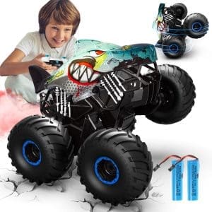 Ferngesteuertes Auto, 1/16 Monstertruck mit Stomp und 360°Drehung, Hai Monstertruck Ferngesteuert mit Spray, Lichtern, Musik, 15KM/H RC Monstertruck mit 40MIN Spielzeit, Geschenk 3 6 8 10 Jahre Junge