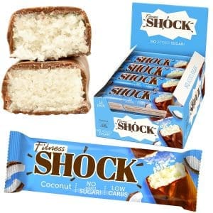 Fitnesshock Low Carb Riegel ohne Zucker 12er Pack in dunkler Schokolade, 3,5g Kohlenhydrate, Fitness Eiweißriegel, ohne Mehl und Palmöl, ballaststoffreich, Kokosgeschmack 12x50g