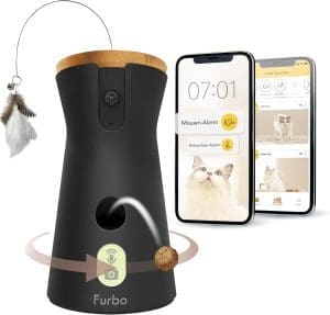 Furbo 360° Katzenkamera mit Heimsicherheits-Paket (Premium MIT ABO): Intelligente Kamera mit App für Katze & Heim, Rotierende 360° Sicht, Farbnachtsicht, Tracking, Leckerliwurf, Miauen-Alarm UVM.