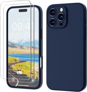 GOODVISH 3 in 1 für iPhone 16 Pro Max Hülle Liquid Silikon,mit 2X Schutzfolie (Upgraded Kameraschutz) Soft Mikrofaserfutter Handyhülle iPhone 16 Pro Max Kratzfest stoßfeste Schutz Case, Navyblau