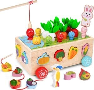 Goffii Montessori Spielzeug, Kinder Baby 8-in-1 Holzspielzeug, Bauernhof Autos, Karotten ernten Sortierung Stapelspielzeug, Hand Auge Koordination Motorikspielzeug ab 3 4 5 Jahr Mädchen Jungen Geschenk